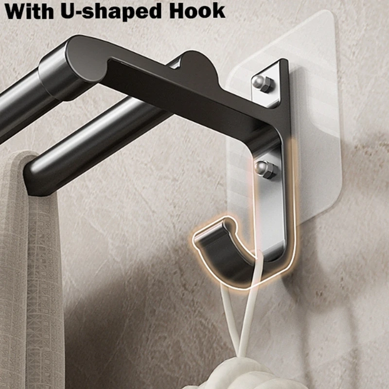 Bathroom Towel Holder No-Drill Towels Rack Hooks Wall Mounted Towel Bar Bathroom Organizer Self-Adhesive Rail
