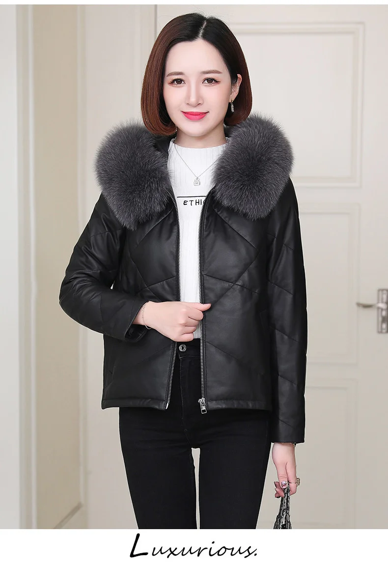 

Leather coat,Winter Genuine Leather Jacket Women Fox Fur Collar Hooded Sheepskin Coat Luxury Clothes Down Jackets Mujer Ch2023