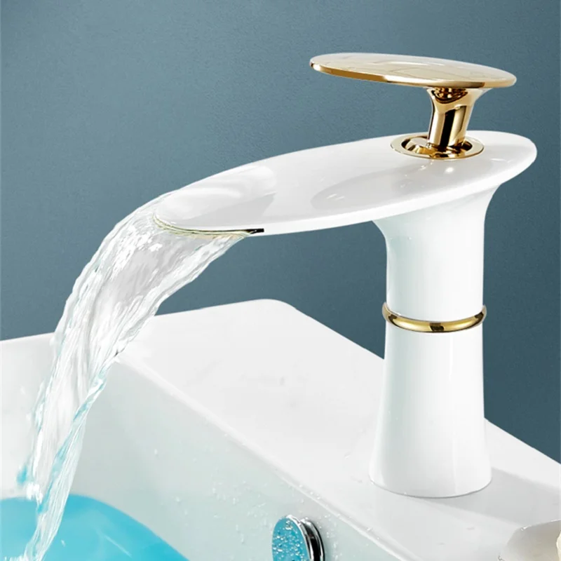 

Bathroom Faucet Waterfall Hot and Cold Washbasin Faucet Solid Brass Creative Sink Mixer Deck Mounted White Gold Washbasin Tap