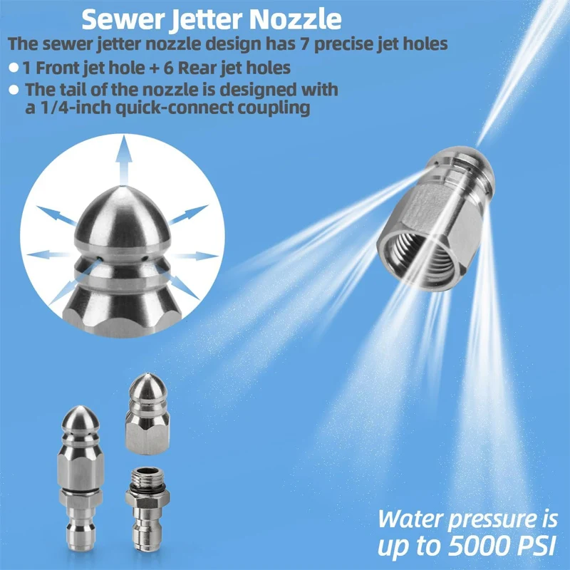 Pressure Washer Nozzle Sewer Jetter Drain Jetter Hose Nozzle 1/4" Quick Connector 5000 PSI Stainless Steel