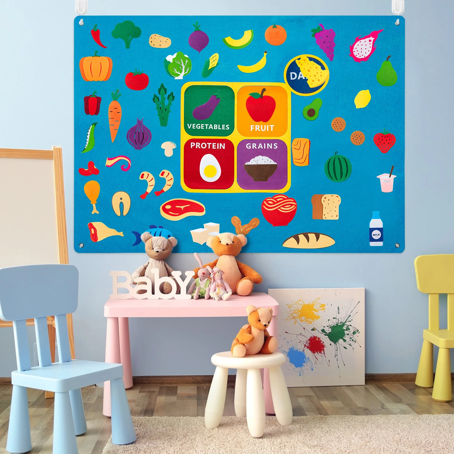 53Pcs DIY Food Classification Felt Storyboard Cartoon Vegetable Fruits Protein Grains Theme Classroom Puzzle Interactive Games