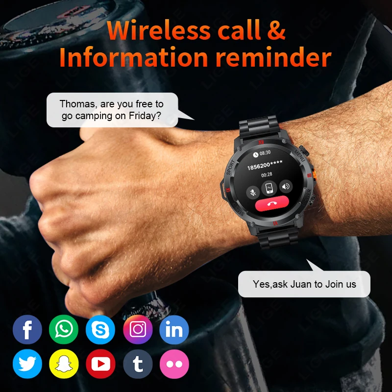 LIGE New LED Flashlight Smart Watches Men Women IP68 Waterproof 100+ Sport Modes Heart Rate Fitness Tracker Outdoor Smartwatch