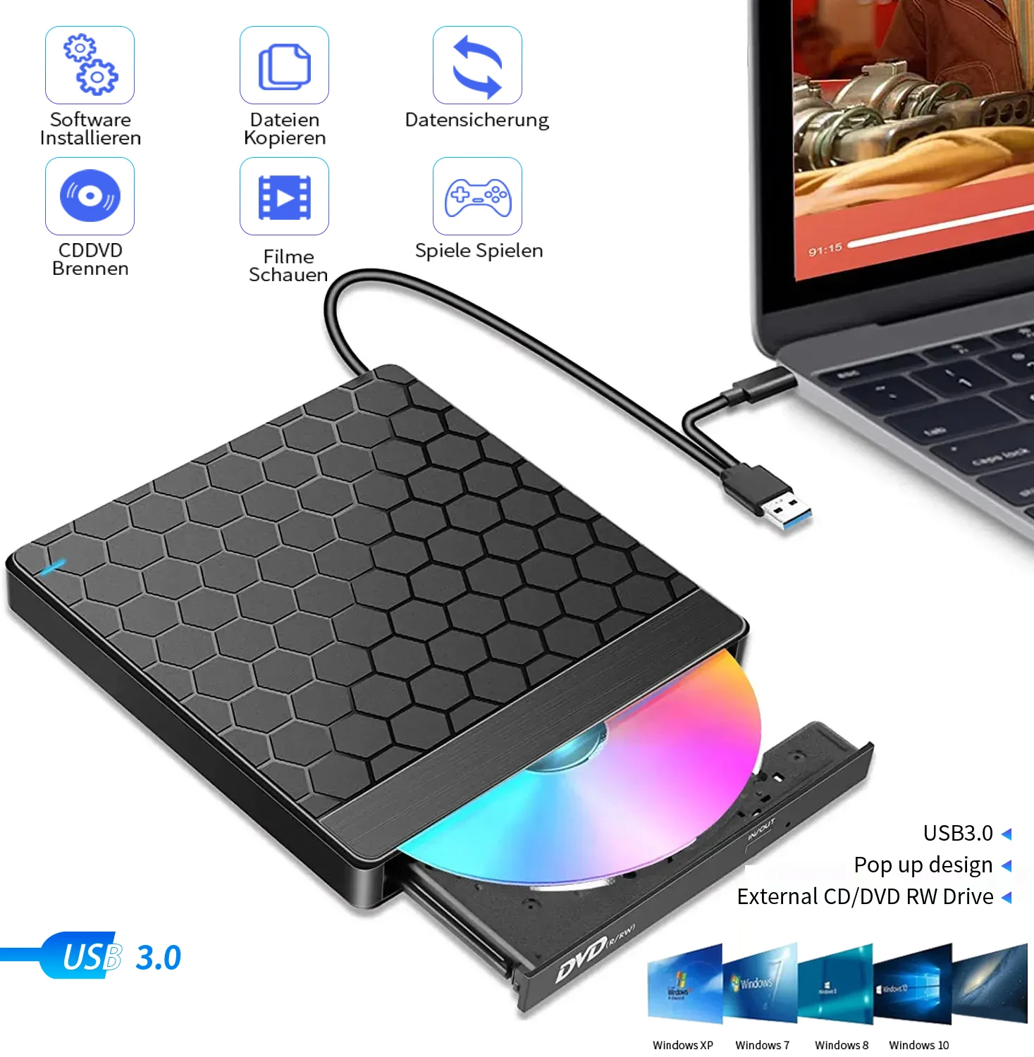 External CD DVD Drive USB 3.0 Type C 2-in-1 CD Player blu ray Burner DVD RW Writer Reader DVD-ROM Burner for Laptop Desktop