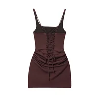 Women's Dress 2025 Autumn New Arrivals Reddish-Brown Spaghetti Strap Sexy Bodycon Mini Dress with Tie Details Stylish and Unique - Image 2