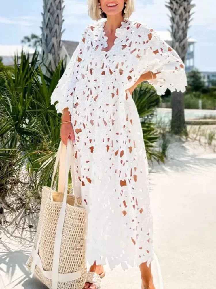 

RDMQ Women Sexy Lace Hollow Out V-neck Dress Elegant Three Quarter Sleeve Solid Dresses Sexy Beach Vacation Midi Loose Vestidos