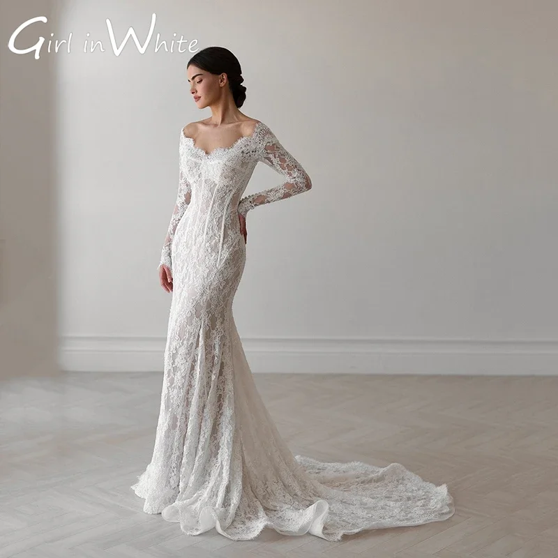V-Neck Mermaid Wedding Dresses Off The Shoulder Long Sleeves Lace Applique Bridal Dress Formal Wedding Ball Prom Gown Customized