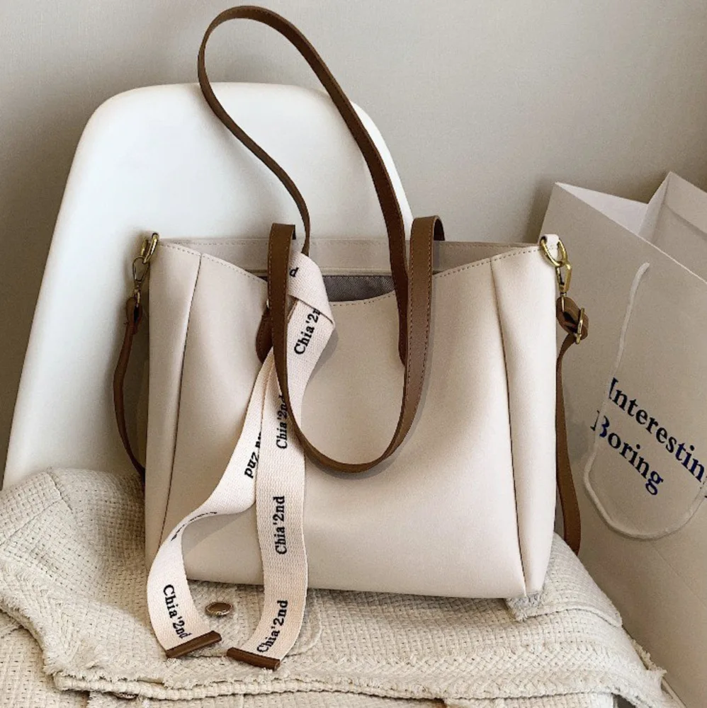 

2021 High Quality PU Leather Tote Bag Women Simple Shoulder Bag Female Large Capacity Shopper Bag Women Simple Handbags