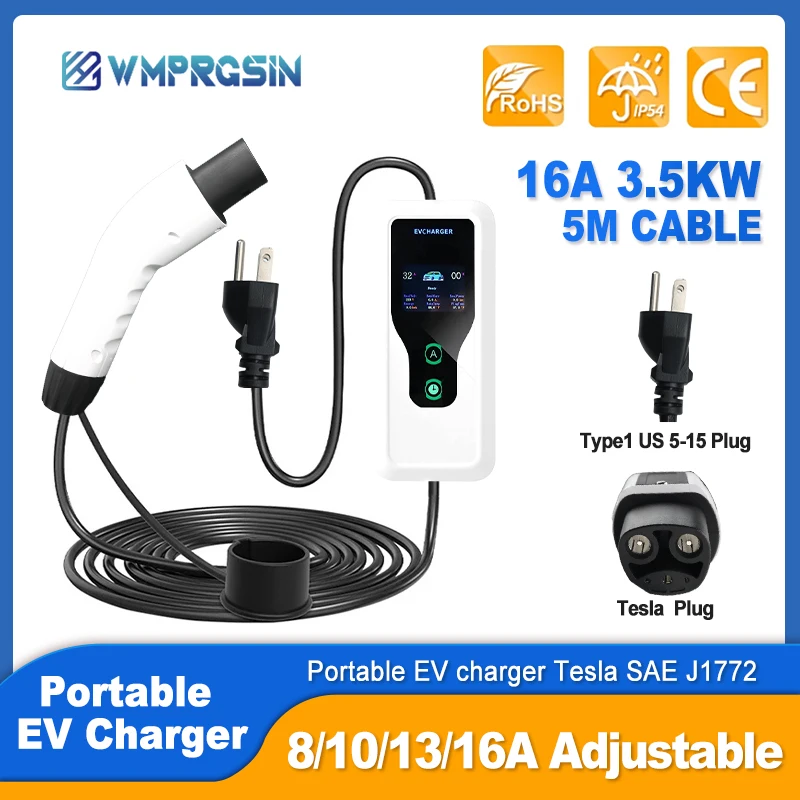 

Tesla 5M Electric Car EV Portable Charger 16A 3.5KW EVSE Charging Cable EU Plug Delayed Charging For Tesla 3 tesla Y S X