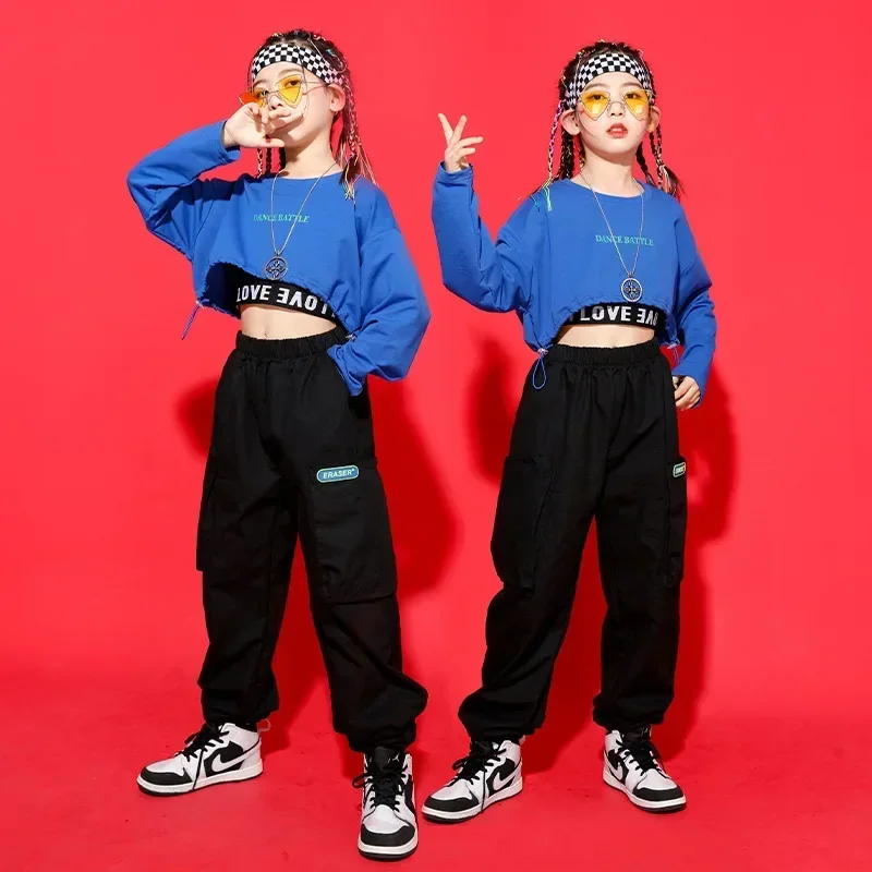 Blue Crop Top Long Sleeve T Shirt Streetwear Cargo Jogger Pants for Girl Jazz Dance Costume Clothes Kid Kpop Hip Hop Clothing