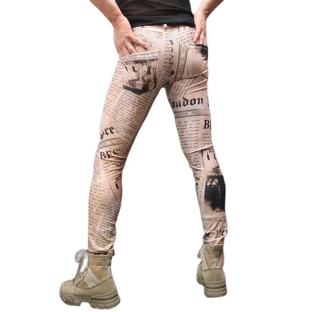Mans Print Milk Silk Trousers Retro Newspaper Letter High-Elastic Skinny Casual Pencil Pants Streetwear Thin Low Waist Leggings