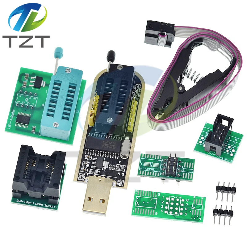 CH341A CH341B 24 25-Serie EEPROM Flash BIOS USB-Programmiermodul + SOIC8 SOP8-Testclip + 1,8 V-Adapter + SOIC8-Adapter DIY-KIT