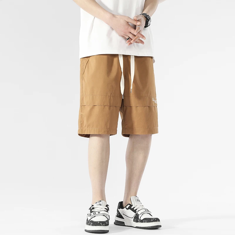 Men's Summer Drawstring Elastic High Waist Letter Printing Pockets Solid Casual Sports Loose Workwear Trousers Fashion Shorts