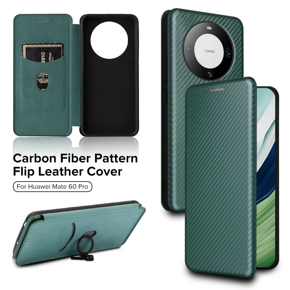

Carbon fiber leather Flip Case For Huawei Mate 60 Pro Mate60 60Pro Huawey mate60Pro Card Wallet Phone Cover Stand Holder Coques