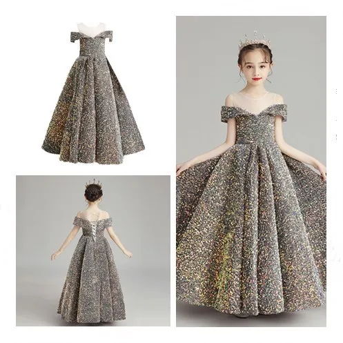 

New Children's Wedding Evening Dress Girls Sequins Birthday Host Piano Performance Long Princess Dress Summer Girls Clothes
