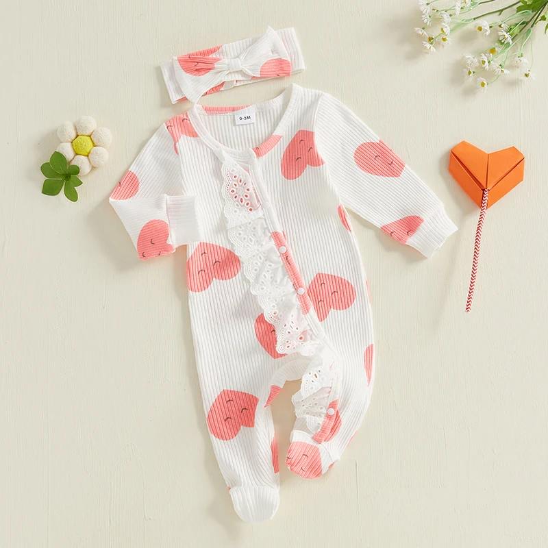 Baby Girls Footies Rompers Valentine's Day Clothes Heart Print Long Sleeve Lace Ruffles Infant Bodysuits with Headband 0-18M