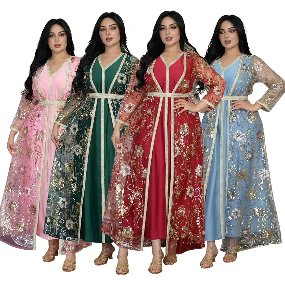 

Arab Muslim Set Dress Spring New Sequin Ribbon Robe Moroccan 2 Pieces Sets Kaftan Women Fashion Wedding Party Banquet Clothing