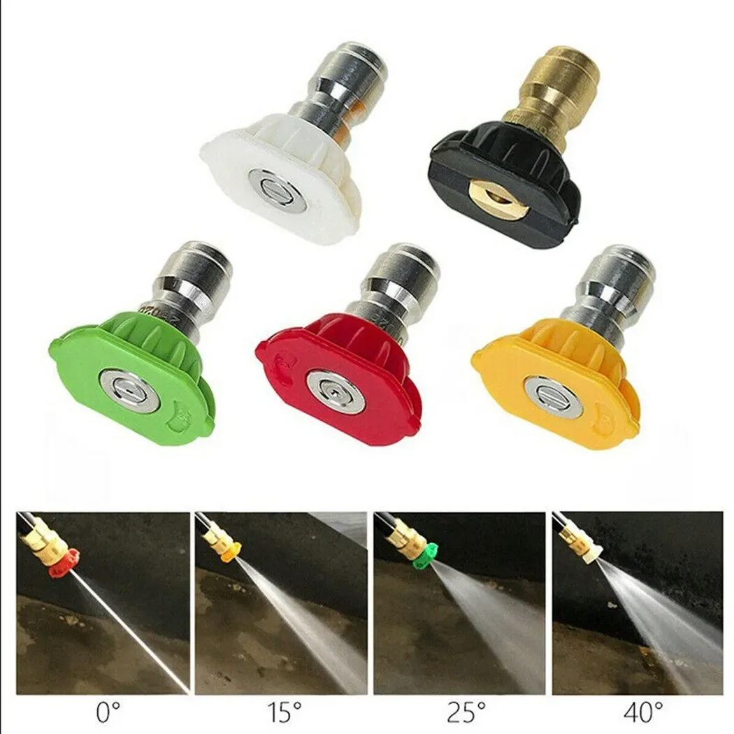 5-Pc High-Pressure Washer Nozzle Set - 1/4" Quick Connect, 0°/15°/25°/40° Angles - Durable Color-Coded Nozzles for Efficient Cle 5
