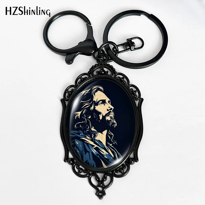 2024 Mode das Kreuz von Jesus Illustration Muster schwarz Schlüssel bund Glas Cabochon ovale Anhänger Schlüssel halter besten Geschenke – Detail 2
