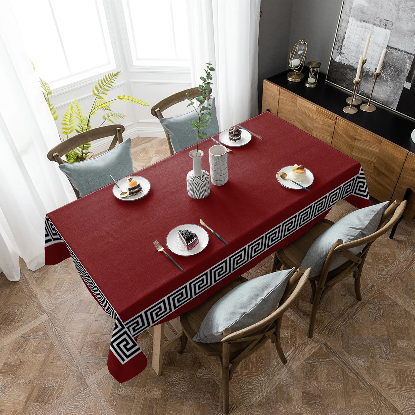 

Красная Геометрическая Водонепроницаемая скатерть в китайском стиле, декоративные принадлежности, прямоугольная скатерть для кухонного стола, декор для кухонного стола