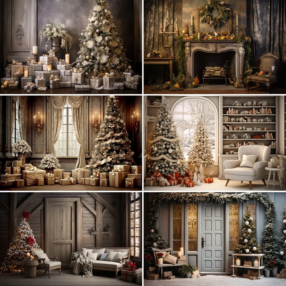 

Christmas Background for Photography Fireplace Gift Xmas Tree Wooden Door Window Child Family Portrait Backdrop Photo Studio