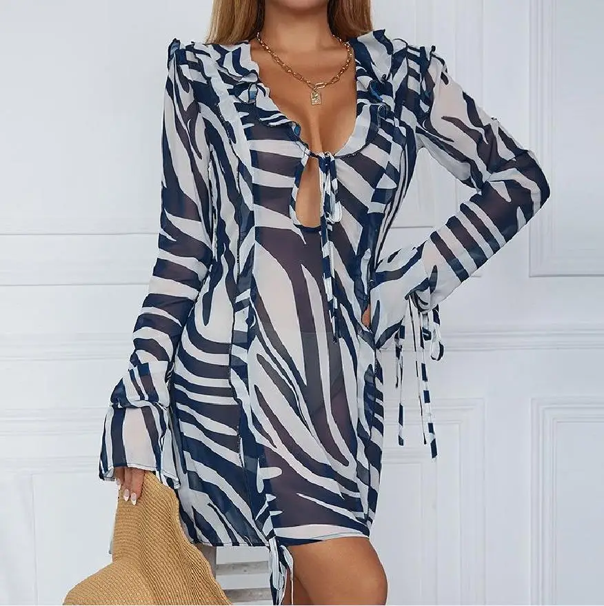 Yiiciovy Women's Sexy Blue Striped See-through Bikini Cover-Ups Lace Up V-neck Beachwear Bathing Dress Cover-Ups Swimwears 2023 3