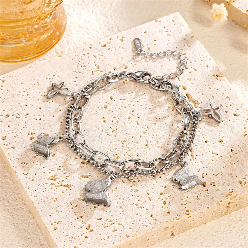 316L Stainless Steel Butterflys Charm Thick Chain Bracelet For Women-chain bracelet stainless steel bracelets stainless steel jewelry charm bracelet women bracelet