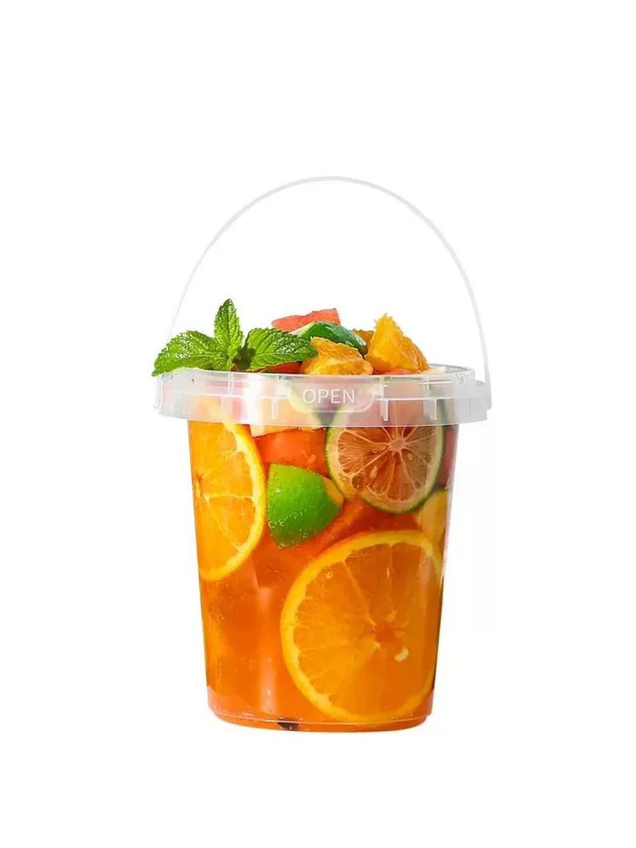 50pcs Disposable Fruit Tea Tote Bucket Fruit Ice Cream Milk Tea Large Capacity Packaging Cup Plastic Beverage Buckets with Lid 4