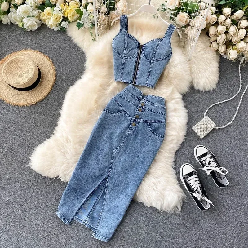 

2024 New Summer Women Skirt Two Piece Set Sexy V-Neck Ctopped Denim Vest High Waist Denim Skirts Korean Ladies Sleeveless Suits