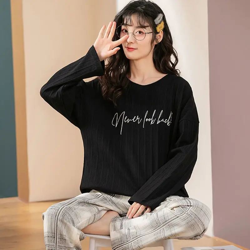 SUO&CHAO 2023 New Pajamas Set For Womens Sleep Wear Lobg Sleeve Rund Neck Tops Long Pants Loose Casual Print Pyjamas Homewear