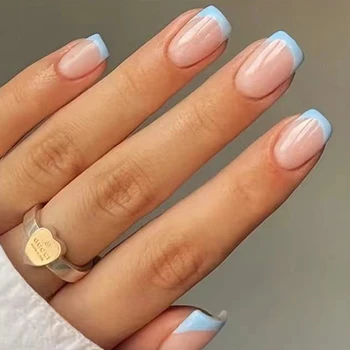 24 Pz/set Donne Ragazze Breve Francese Azzurro Rosa Doppio Colore Superficie Lucida Copertura Completa Indossabile Unghie Finte Presse su Nail Art 1