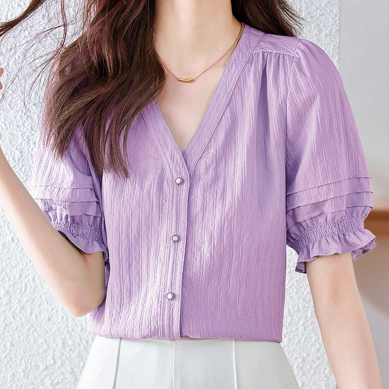 QOERLIN Summer Flare Sleeve V-Neck Women Shirts Elegant Casual Tops Blouse Casual Korean Fashion Single-Breasted Shirts Trendy