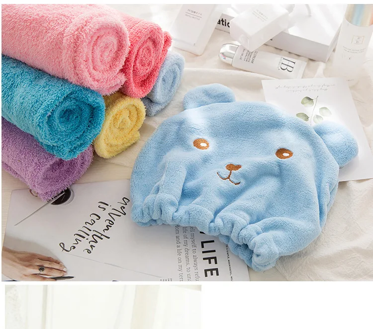 Description Picture 4 of item1pc Super Absorbent Hair Drying Bath Towel Cap Cute Cartoon Bear Microfibre Soft Dry Hair Wrap Bathroom Accessories Bonnets