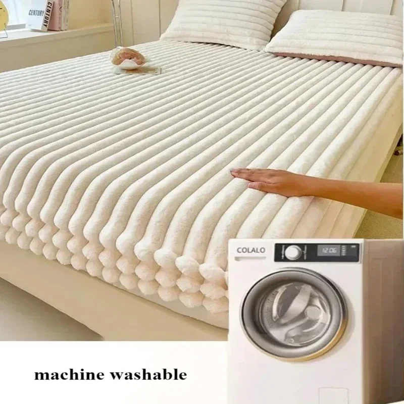 1PC Fluffy Rabbit Plush Elastic Fitted Sheet Mattress Protector Cover Warm Winter Coral Fleece Luxury Double Bed Bedsheet 시트 5
