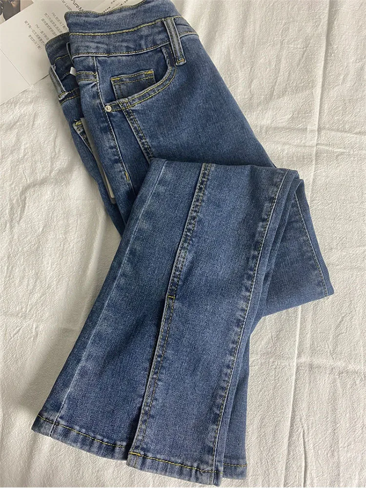 

Vintage High Waist Elastic Slim Jeans Woman Split Flare Women Pants 2022 Autumn Winter Streetwear Denim Trousers Korean Fashion