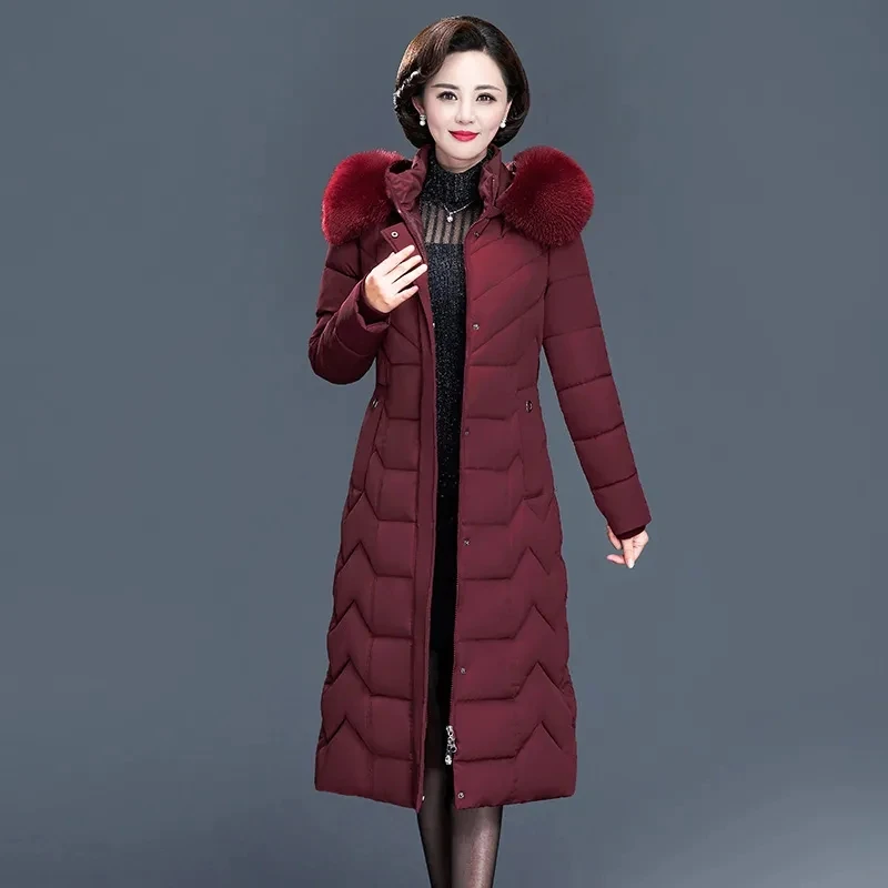 

Middle aged Mother Winter Jacket 6xl Women's Thicken Long Parkas Down cotton Wool Collar Hooded Coats Warm Long Female Overcoat