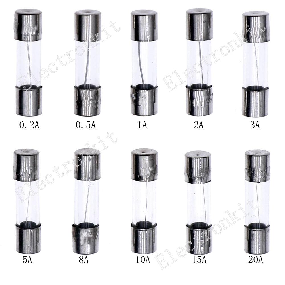 Glass Fuse Kit 100Pcs 5x20mm 12V-250V 0.2A 0.5A 1A 2A 3A 5A 8A 10A 15A 20A