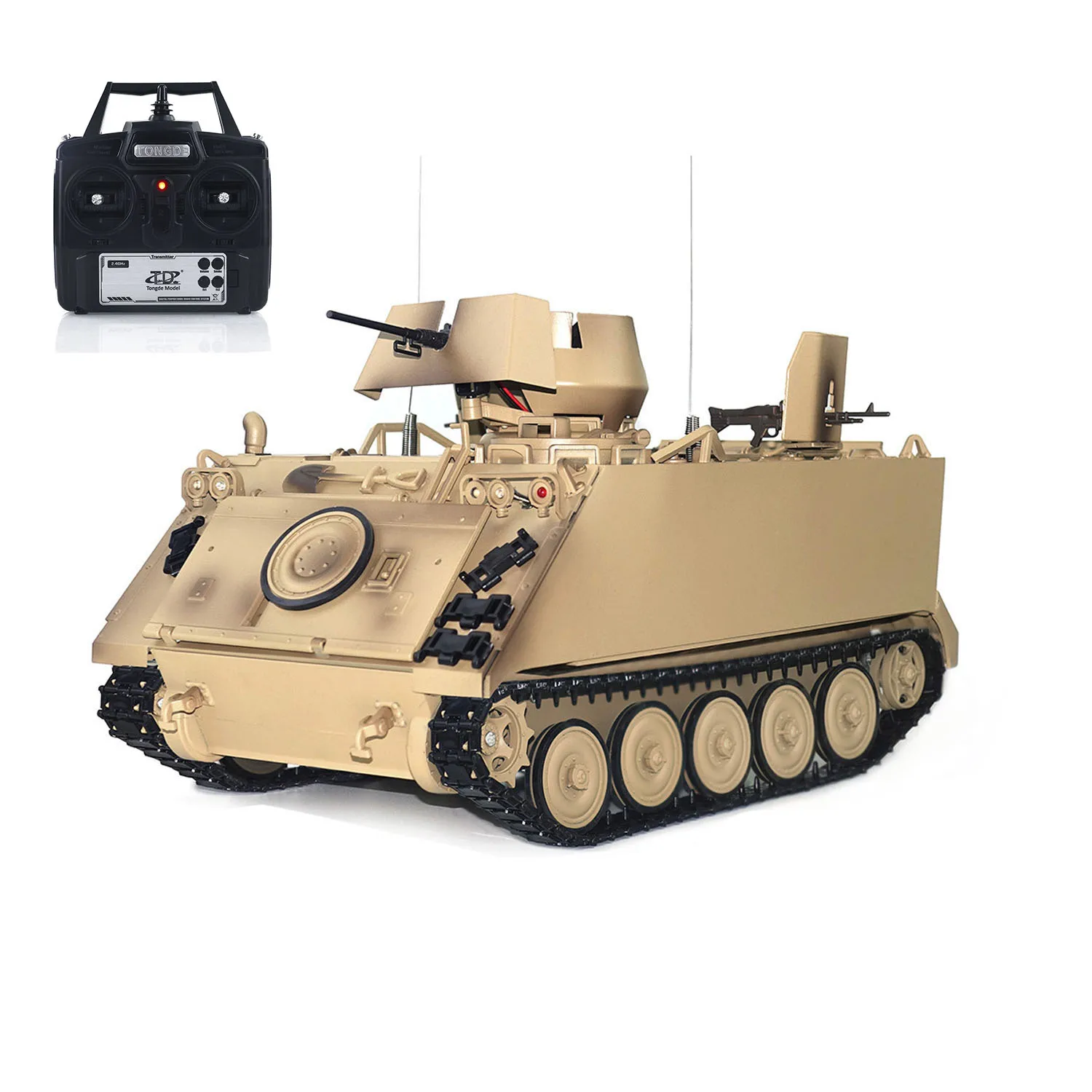 Détail de la tourelle 360° du char RC Tongde 1/16 M113A1 ACAV avec effets de fumée et son.
