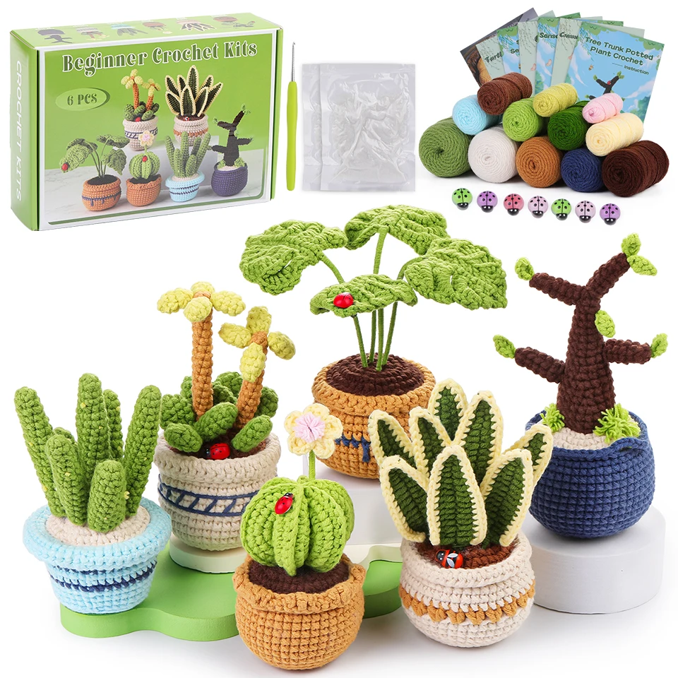 KRABALL 6PCS Succulents Plants Crochet Set With Cotton Yarn Thread And Instruction For Beginners DIY Handmade Craft Accessories crochet kit