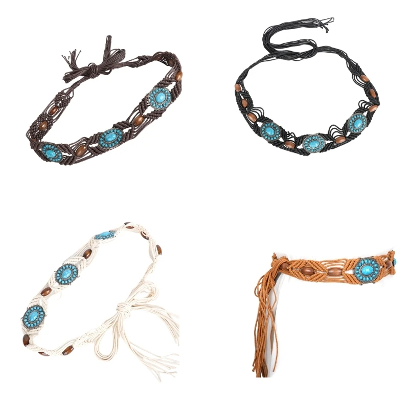 

Womens Bohemian Rope Braid Waist Belt Wooden Bead Waist Rope Waist Chain Braided Tassels Belt for Dress