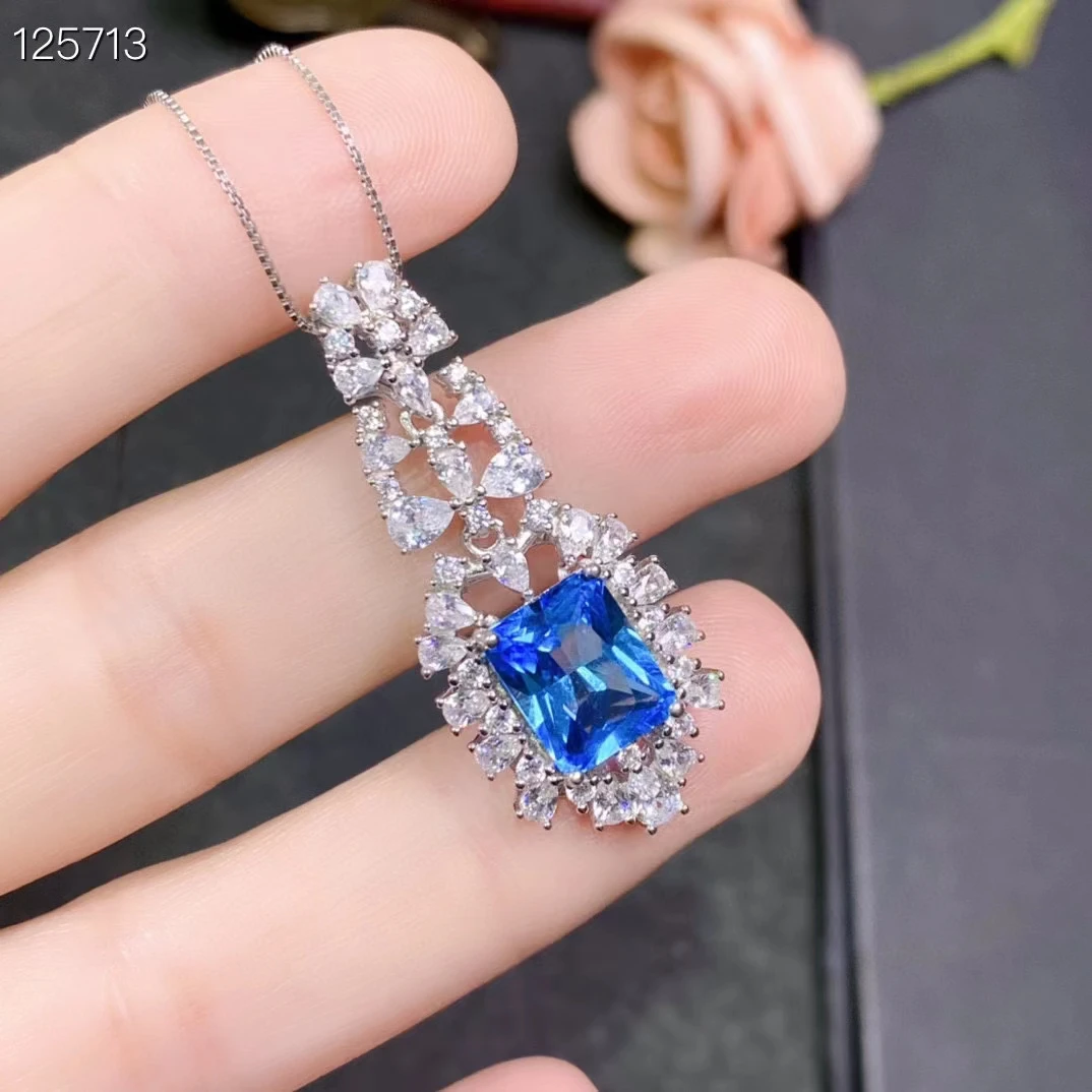

925 Silver Dazzling Topaz Necklace Pendant for Wedding 8mm*10mm 3ct Natural London Blue Topaz Pendant with 18Kgold Plated