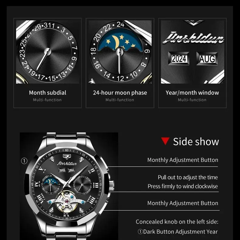 JSDUN Moon Phase Men's Automatic Watch Elegant Ceramic Strap Stainless steel Skeleton Chronograph Date TOP Brand Man Watches NEW