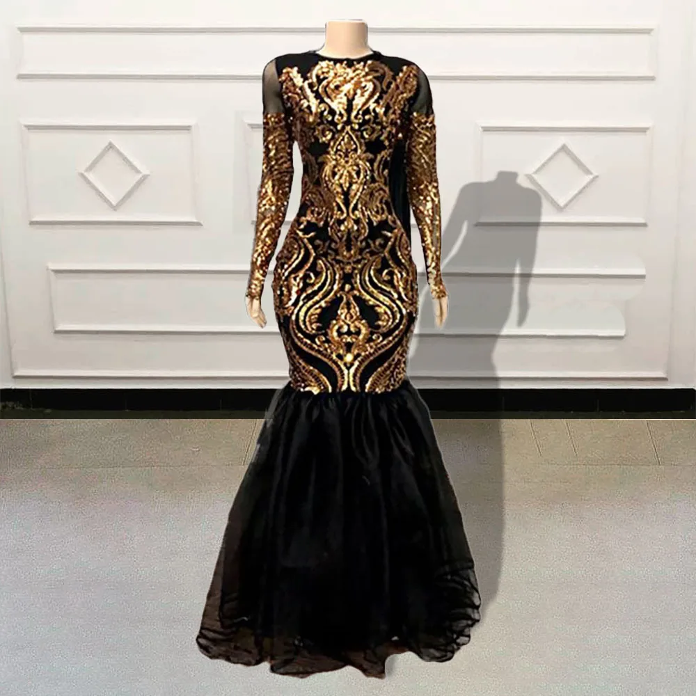 

Custom Made Gold Mermaid Long Prom Dress for Graduation Party 2023 Sparkly Sequin Full Sleeves Women Formal Evening Gowns