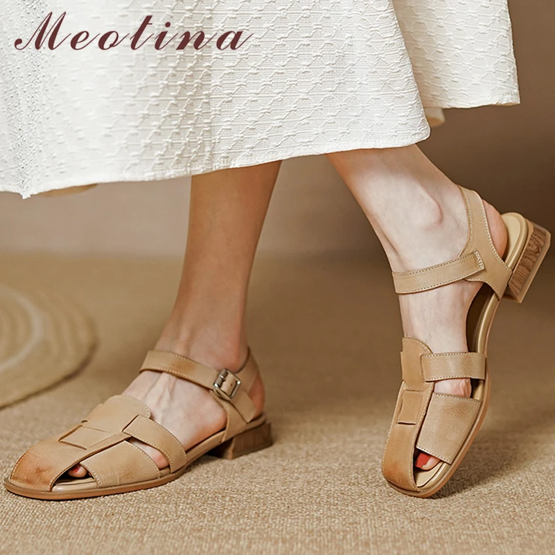 

Meotina Women Genuine Leather Gladiator Sandals Round Toe Flat Sandals Narrow Band Ladies Buckle Shoes Summer Apricot Brown 40