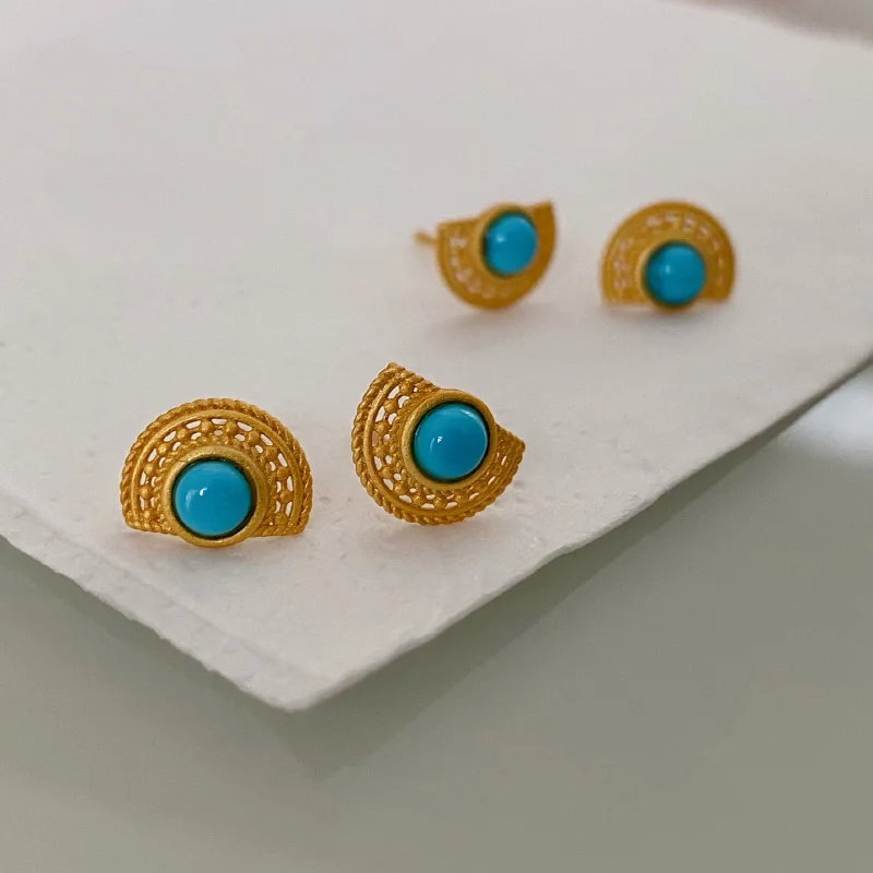 Design original turquesa orelha studs novo em ouro antigo artesanato fã brincos para as mulheres pequena doce festa jóias para namorada