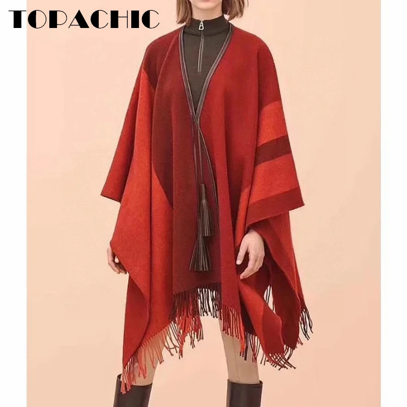 

12.23 TOPACHIC Women's Luxury Temperament Contrast Color Striped Tassel Loose Comfortable Keep Warm Cashmere Wool Capes Ponchos