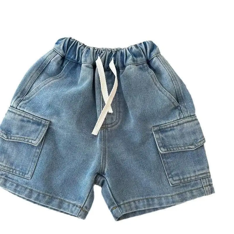 Kids Shorts Boys Girls Denim Shorts Summer Elastic Waist Drawstring Solid Color Pocket Cargo Jeans Baby Boys Casual Shorts
