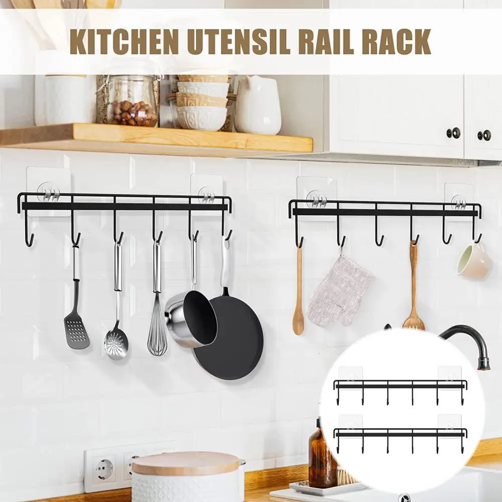 1 Set Kitchen Utensil Holder Utensil Rack with 6 Storage Hooks Kitchen