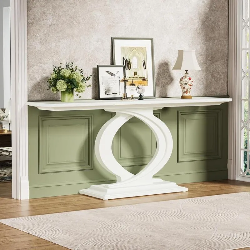 

59" Console Table, White Farmhouse Style with Double Arc Base