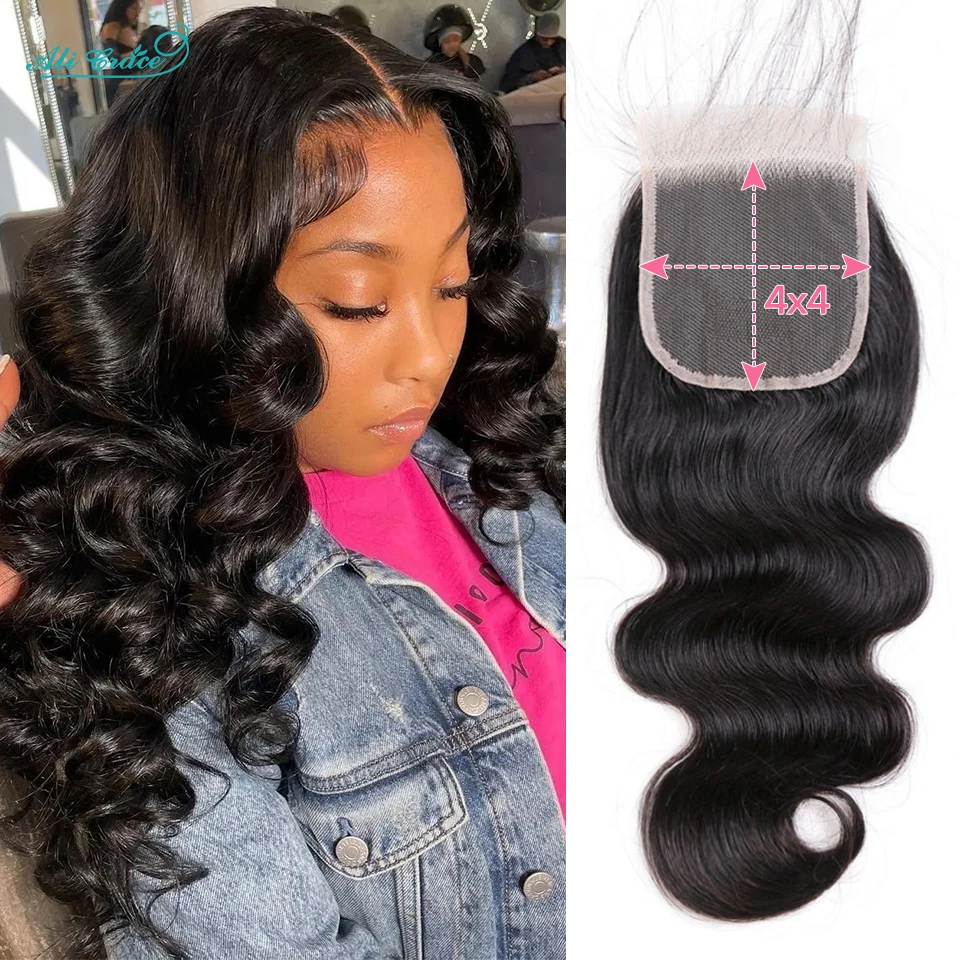 Ali Grace Hair Brazilian Body Wave Closure 4x4 Transparent Lace Color Remy Hair Top Hand Tied Brazilian Human Lace Closure