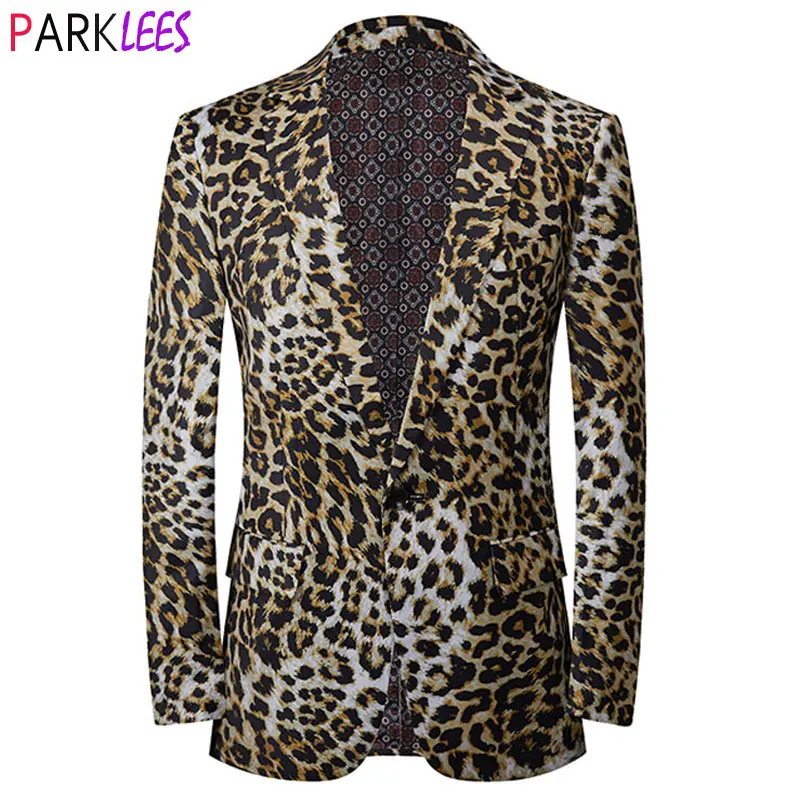 Sexy Leopard Print Mens Blazer Jacket Peak Lapel One Button Suit Blazer